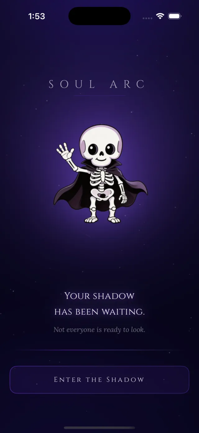 Soul Arc welcome screen with Umbra the skeleton mascot waving