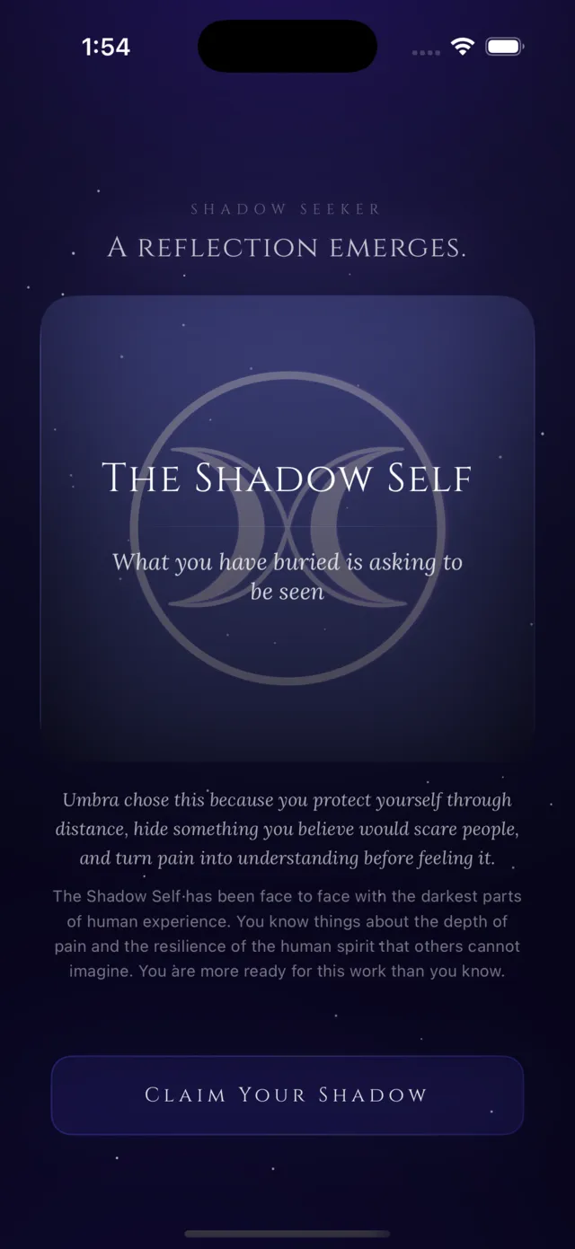 Soul Arc archetype reveal screen showing The Shadow Self