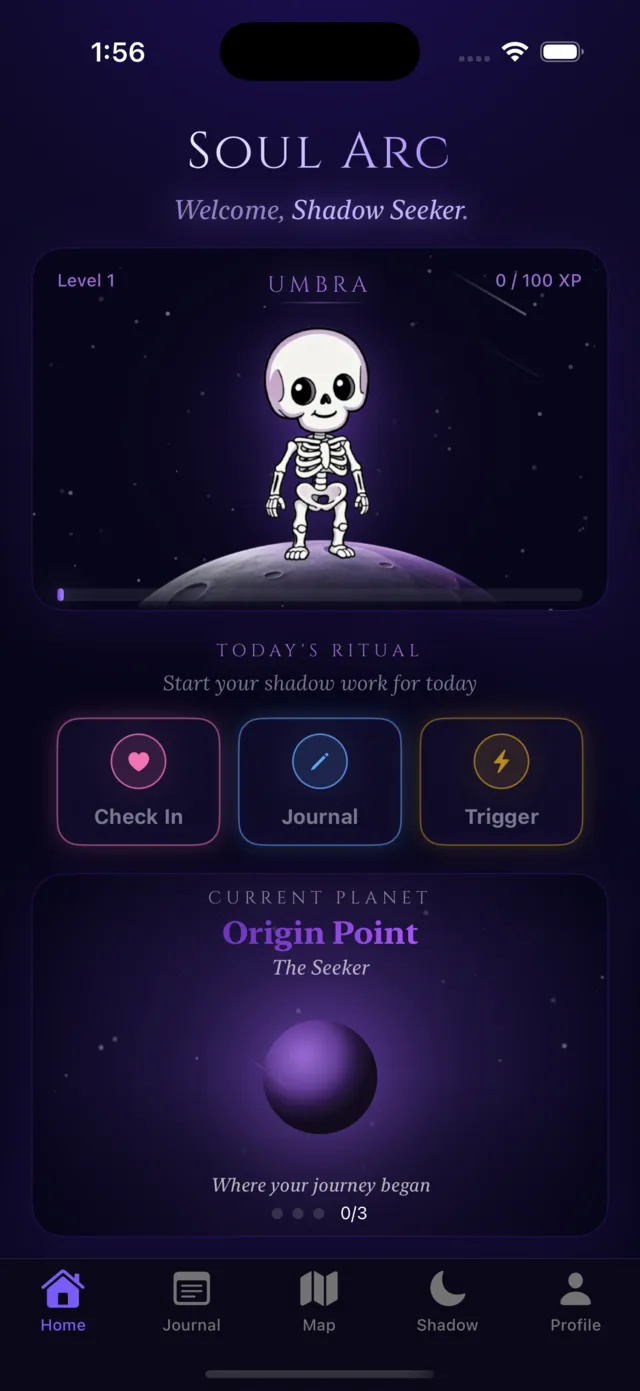 Soul Arc home screen with Umbra the skeleton mascot on your current planet